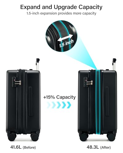Hanke 20 Inch Expandable Carry On Luggage, Hard Shell with Side Hook - color: Jet Black, size: 20 Inch EXT