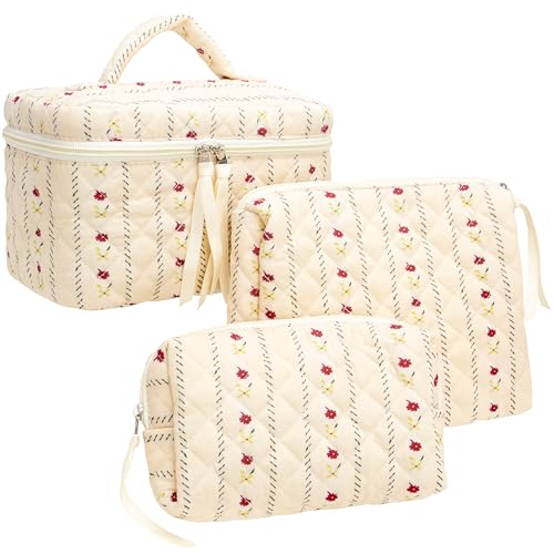 3 Piece Quilted Makeup Bag Set for Women,Cosmetic&Toiletry Bag,Flower Beige | Cute Zipper Makeup Organizer for Cosmetics, Toiletries,Skincare, Makeup Brushes, Beauty Essentials, Travel Accessories&Gifts - color: Flower Beige