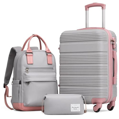 LONG VACATION Luggage Sets with Spinner Wheels, Carry on Suitcase 3 Piece - color: GREY-PINK, size: 3 piece set(BP)