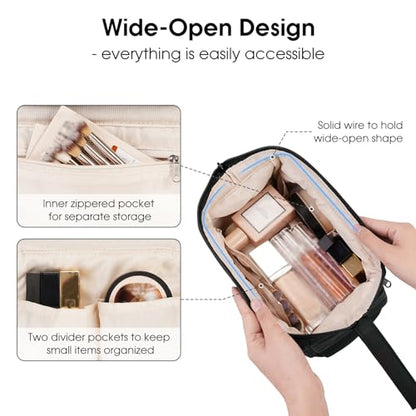 Narwey Travel Makeup Bag Toiletry Bag, Wide Open Cosmetic Bag for Women - color: A-Black, size: Small