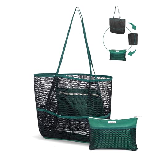 Mesh Beach Tote Bag for Women, 2-in-1 Large Lightweight Foldable Design - color: Black