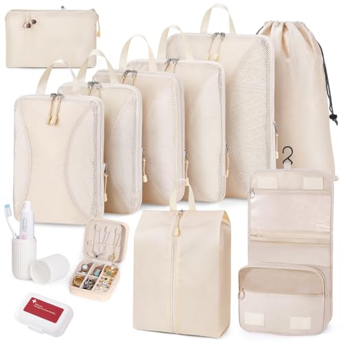12pc Compression Packing Cubes for Suitcases, Expandable Travel Organizer Bags Set for Luggage, Lightweight Carry On Essentials, Beige - color: Cream