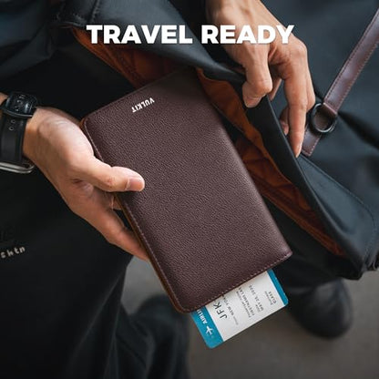 VULKIT Passport Wallet for Travel RFID Blocking Premium Leather - color: Top Grain Wine