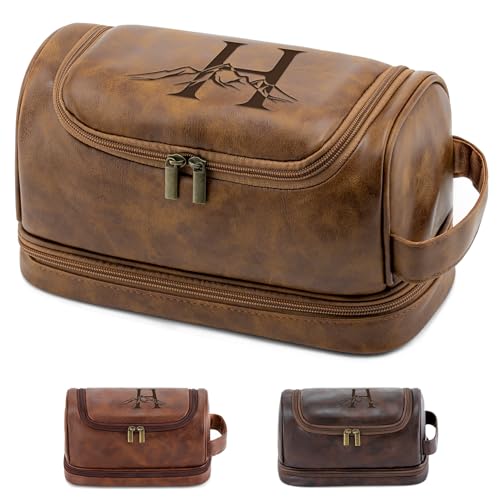 Personalized Gifts PU Leather Travel Toiletry Shaving Bag for Men - color: Light Brown, style: H