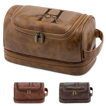 Personalized Gifts PU Leather Travel Toiletry Shaving Bag for Men - color: Light Brown, style: H