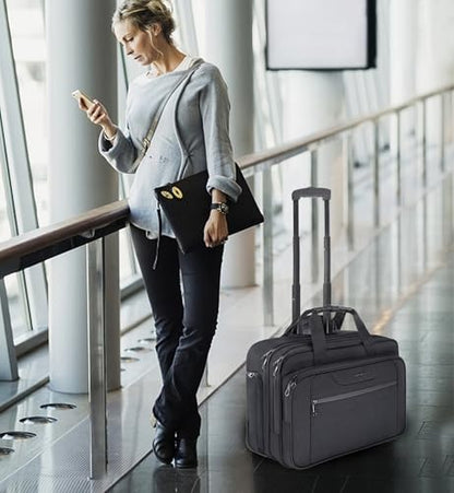 KROSER 17.3 Inch Rolling Laptop Computer Bag,Wheeled Briefcase，Roller case | Multi-compartments,silent wheels, fits airline overhead bins for overnight business trips
