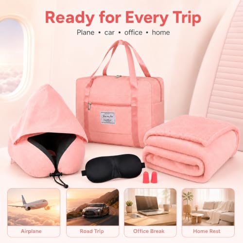 Travel Blanket and Pillow Set - Hooded Neck Pillow Airplane Essentials Pink - color: Pink