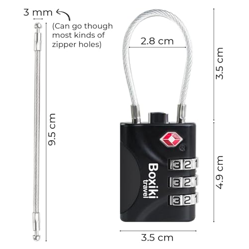 TSA Approved Cable Luggage Locks 2 Pack, 3-Dial Combination Travel Lock Set with Flexible Steel Cable for Suitcases, Backpacks, Carry On Bags, Duffels, Zippers & Cabin Baggage, Small Keyless Padlocks
