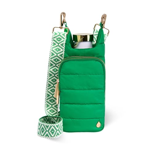 WanderFull Original HydroBag Crossbody Water Bottle Holder with Phone Pocket, Fits Water Bottles up to 32 oz - color: Kelly Green Matte - Patterned Strap