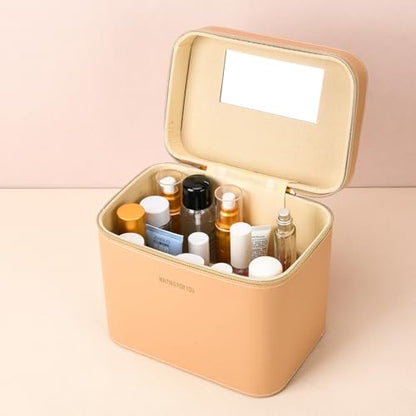 Luxury Hard brown makeup box, Portable leather hard cosmetic case with mirror, Sturdy train case make up box for women adults. (Monolayer - Brown) - color: MIX