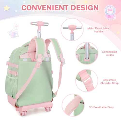 FIXITOK Rolling Backpack for Girls, Kawaii Bunny Roller Wheels School Backpacks with Lunch Bag Pencil case, Wheeled Suitcase Bookbag for Elementary Travel Green - color: Green