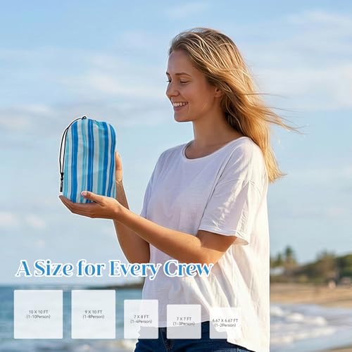 OIGAE Beach Blanket Waterproof Sandproof Oversized Beach Mat - color: Blue Wave Stripes, size: 9x10 Ft (2～8 person)