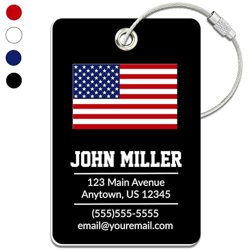 Personalized Luggage Tag with American Flag | Custom Luggage Tags for Suitcases | Kids Backpack Tag | 4 Color Options & Choose Font, Font Color - color: Black, size: 1 pack - Large