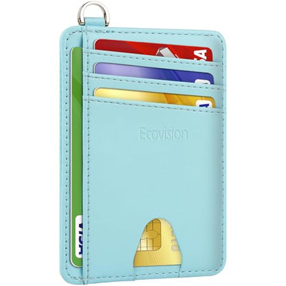 Slim Minimalist Front Pocket Wallet, RFID Blocking Credit Card Holder Wallet with Integrated D-Shackle for Men Women - color: Cowhide Fresh Blue
