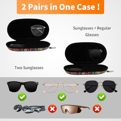 Double Eyeglasses Case, Hard Shell Dual Sunglasses Organizer with Zipper Clip Travel Glasses Storage for Women Men - color: Mandala Totem