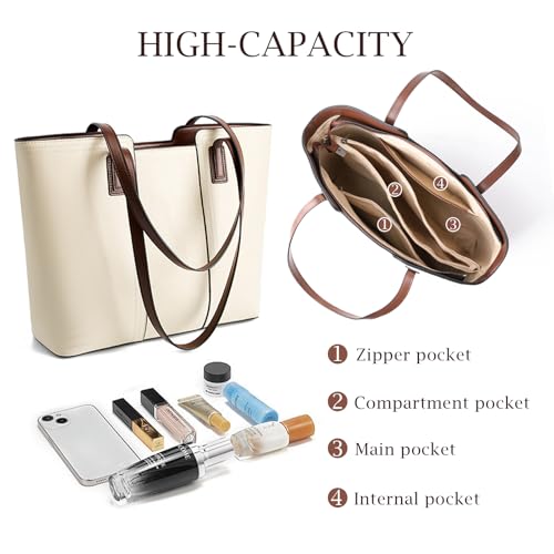 MFFOR Genuine Leather Tote Bag for Women, Large Shoulder Handbags - color: Beige