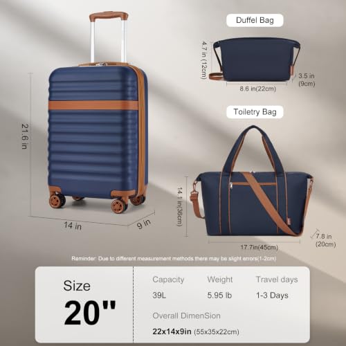 Kono 3-Piece Set 20in Expandable Carry-On Hardshell TSA Lock Navy - color: Navy/Brown, size: Carry-on travel set (db/tb/20")