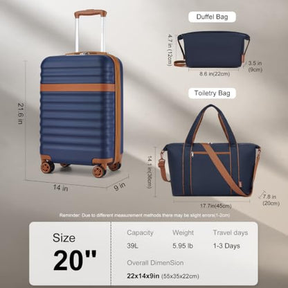 Kono 3-Piece Set 20in Expandable Carry-On Hardshell TSA Lock Navy - color: Navy/Brown, size: Carry-on travel set (db/tb/20")