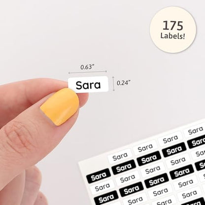 Mini Name Labels (175) - Custom Personalized Name Labels for Labeling Tiny Items, Washer and Dryer-Safe Waterproof Labels for Daycare, Preschool, and School - Black and White - color: Black and White