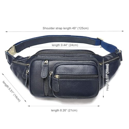 Genuine Leather Fanny Pack large capacity Crossbody Waist Bag with Zipper phone Pockets dark blue - color: Dark Blue