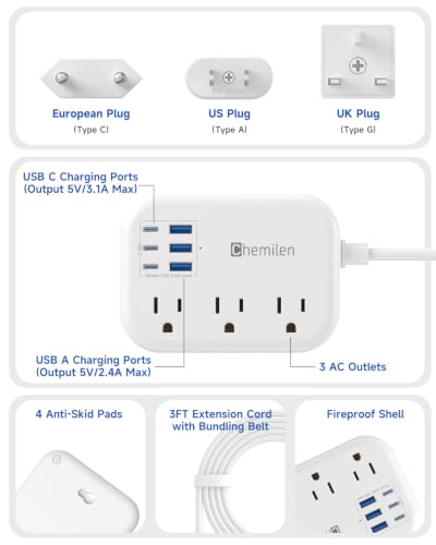 USB 유럽 여행용 플러그 어댑터 6개, 미국 - 유럽 여행용 콘센트 어댑터, 0.9m(3피트)