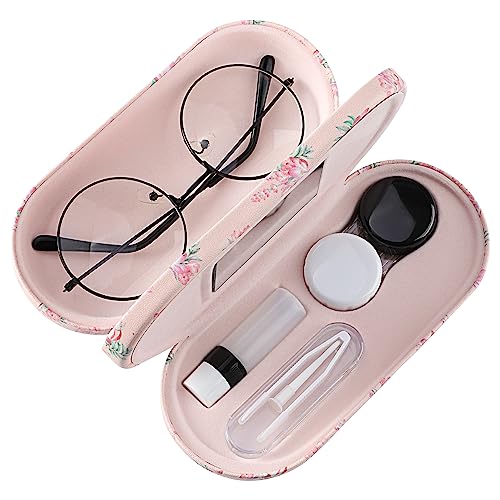 MoKo Double Eyeglass Case,Glasses and contact case 2 in 1 with Mirror - color: Pink Flowers