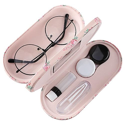 MoKo Double Eyeglass Case,Glasses and contact case 2 in 1 with Mirror - color: Pink Flowers