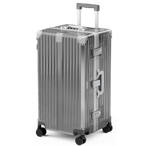 ALPHA CAMP Trunk Luggage 26 Inch with Aluminum Frame Zipperless Suitcase - color: Grey, size: 26 Inch