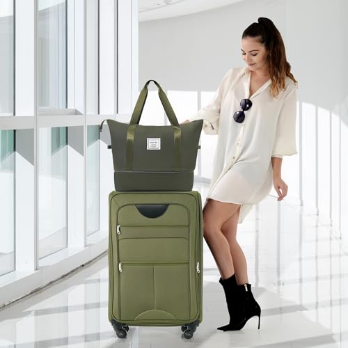 Merax Softside Luggage Set 3 Piece Suitcase with Duffel Bag Spinner Wheels - color: Army Green(22/26/30+bags), style: Softside Luggage Set