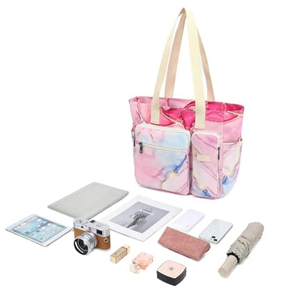 Women Tote Bag With Muti-Pockets,Lightweight Shoulder Bag,Large Capacity Handbag for Travel, Work, Gym - color: Pink Marble