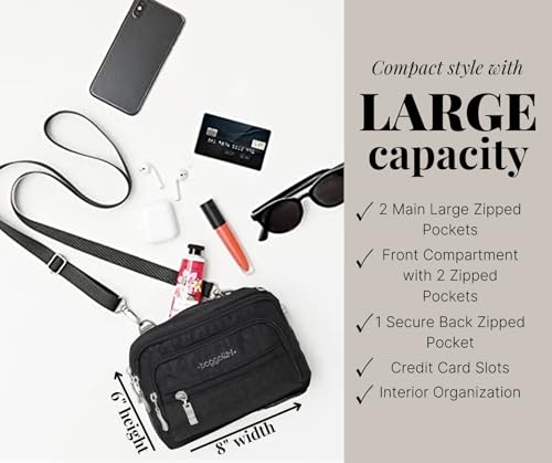 Baggallini Triple Zip Small Crossbody Bag for Women - Lightweight Convertible Fanny Pack Belt Bag - color: Black Cheetah, style: Slim Strap