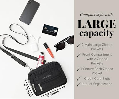 Baggallini Triple Zip Small Crossbody Bag for Women - Lightweight Convertible Fanny Pack Belt Bag - color: Black Cheetah, style: Slim Strap
