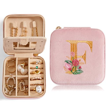 Smileshe Personalized Gifts for Mom Mothers Day, Birthday, Graduation Gifts for Girls Fashion, Travel Gifts for Teen Girls Trendy Stuff, Velvet Jewelry Box with Flower, Letter F, Pink - color: PlushVelvet Pink-F