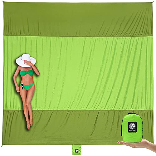 WEKAPO Beach Blanket Sandproof Waterproof, Extra Large Beach Mat, Oversized & Compact Sand Free, Quick Drying Beach Essentials for Vacation, Cruise, Picnic & Camping with Stakes - color: Green, size: 9x10 FT (1～8 person)