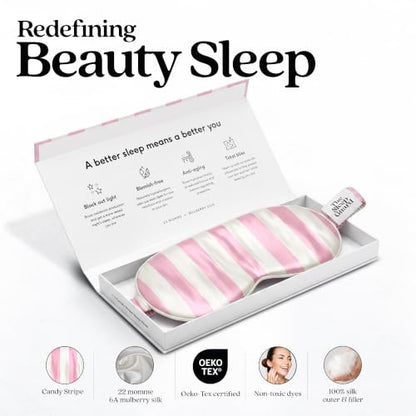 TheSleepGuard Pure Silk Sleep Mask [100% 6A Mulberry Silk, 22 Momme] Light Blocking Travel Essentials. Eye Masks for Sleeping. Black Oeko-Tex Blindfold. Eye Covers for Men & Women - color: Candy Stripe