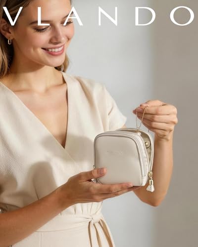 VLANDO Jewelry Travel Case with 2 Layers for Necklaces,Rings,Earrings - color: Cream White