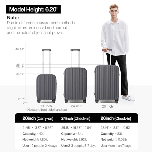 mixi Checked Luggage with Cup Phone Holder Hard Shell Rolling Travel Suitcase with Spinner Wheels,24 Inch Rock Grey - color: Rock Gray, size: 24-inch