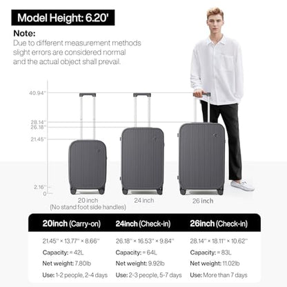 mixi Checked Luggage with Cup Phone Holder Hard Shell Rolling Travel Suitcase with Spinner Wheels,24 Inch Rock Grey - color: Rock Gray, size: 24-inch