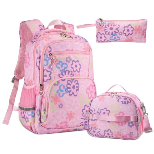 Rexmore Girls 3Pcs Backpack Set with Lunch Box & Pencil Case, Pink - color: Pink