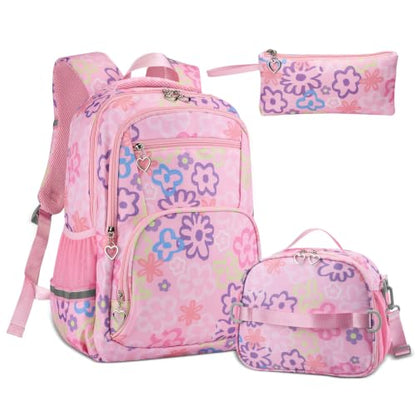 Rexmore Girls 3Pcs Backpack Set with Lunch Box & Pencil Case, Pink - color: Pink