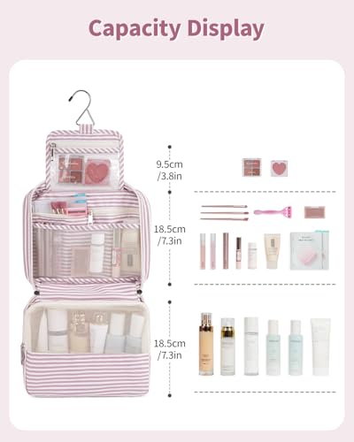Narwey Hanging Travel Toiletry Bag for Women, Travel Makeup Organizer Bag - color: ZB-Dusty Pink Stripe