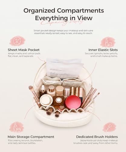Parallel Traveler Makeup Bag, Shell Shape Magnetic Hold-Open Cosmetic Bag, Fold-Down Design, Large Capacity Waterproof Organizer with Compartments for Travel Essentials, Off White - color: Off-white