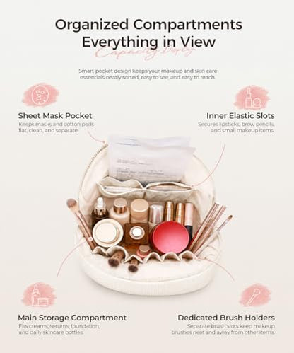 Parallel Traveler Makeup Bag, Shell Shape Magnetic Hold-Open Cosmetic Bag, Fold-Down Design, Large Capacity Waterproof Organizer with Compartments for Travel Essentials, Off White - color: Off-white