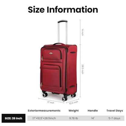 26" Checked Softside Luggage,Expandable 15% Suitcase - color: Red, size: Checked-Medium 26-Inch
