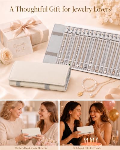 Travel Necklace Organizer, Tangle Free Jewelry Case, 16 Slots - color: Gray PU and Gray Velvet
