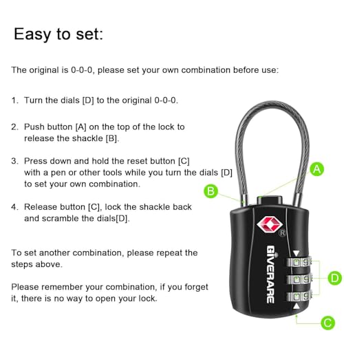 GIVERARE 4 Pack TSA Approved Luggage Locks, Combination Travel Cable Lock, Re-settable 3-Digit Padlocks with Alloy Body, Keyless TSA Padlock for Gym Locker, Golf Bag Case-Black - color: 4 pack Black