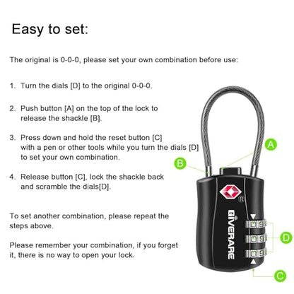 GIVERARE 4 Pack TSA Approved Luggage Locks, Combination Travel Cable Lock, Re-settable 3-Digit Padlocks with Alloy Body, Keyless TSA Padlock for Gym Locker, Golf Bag Case-Black - color: 4 pack Black