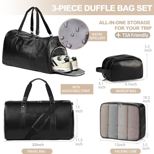 3‑PCS Leather Duffle Bag for Travel, Weekender Overnight Gym Bag Men Women - color: Black