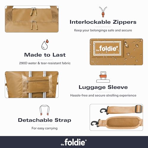 The Foldie Foldable Travel Bag for Women - 40L Weekender Bag with Multiple Pockets - Carry On Expendable Travel Bag - color: Cognac