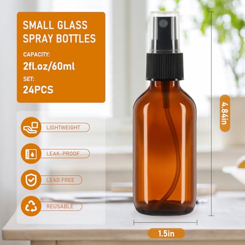 2 oz Amber Glass Spray Bottles 24 Pack, Leakproof with Durable Refillable - color: 24 Pack, size: 2 Ounces (Pack of 24)